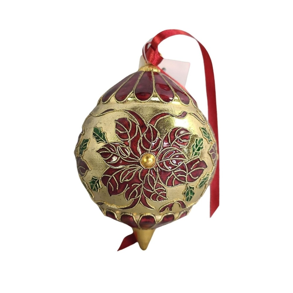 Cloisonne Ornament Red Poinsettia Christmas Gold Holiday New With Gift Box